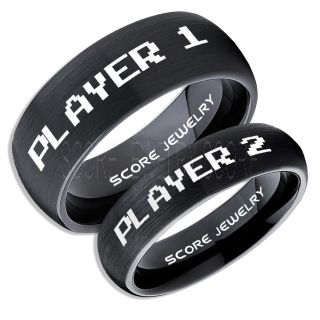 Gamer Rings, Couple Ring Set, Player 1 Player 2 Rings, Gamer Jewelry, Black Gamer Wedding Rings, Black Tungsten Gamer Wedding Bands, Black Tungsten Rings, Black Wedding Bands
