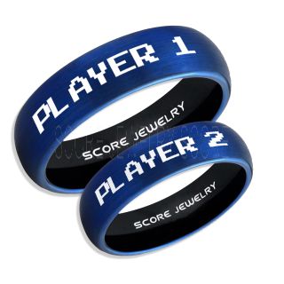 Gamer Rings, Couple Ring Set, Player 1 Player 2 Rings, Gamer Jewelry, Blue Gamer Wedding Rings, Blue Tungsten Gamer Wedding Bands, Blue Tungsten Rings, Blue Wedding Bands