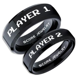 Gamer Rings, Couple Ring Set, Player 1 Player 2 Rings, Gamer Jewelry, Black Gamer Wedding Rings, Black Tungsten Gamer Wedding Bands, Black Tungsten Rings, Black Wedding Bands