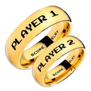 Gamer Rings, Couple Ring Set, Player 1 Player 2 Rings, Gamer Jewelry, 14K Yellow Gold Tungsten Gamer Wedding Rings, Yellow Gold Tungsten Gamer Wedding Bands, Yellow Gold Tungsten Rings, Yellow Gold Wedding Bands