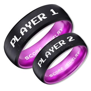 Gamer Rings, Couple Ring Set, Player 1 Player 2 Rings, Gamer Jewelry, Black Gamer Wedding Rings, Black Tungsten Gamer Wedding Bands, Black Tungsten Rings, Black Wedding Bands