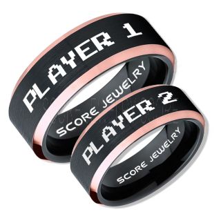 Gamer Rings, Couple Ring Set, Player 1 Player 2 Rings, Gamer Jewelry, Black Gamer Wedding Rings, Black Tungsten Gamer Wedding Bands, Black Tungsten Rings, Black Wedding Bands