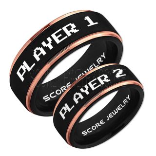 Gamer Rings, Couple Ring Set, Player 1 Player 2 Rings, Gamer Jewelry, Black Gamer Wedding Rings, Black Tungsten Gamer Wedding Bands, Black Tungsten Rings, Black Wedding Bands