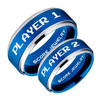 Gamer Rings, Couple Ring Set, Player 1 Player 2 Rings, Gamer Jewelry, Blue Gamer Wedding Rings, Blue Tungsten Gamer Wedding Bands, Blue Tungsten Rings, Blue Wedding Bands
