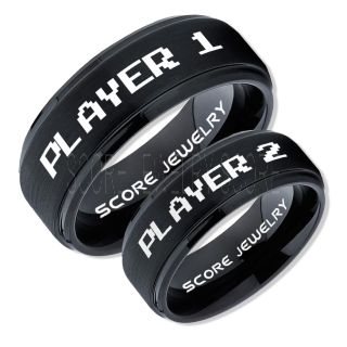 Gamer Rings, Couple Ring Set, Player 1 Player 2 Rings, Gamer Jewelry, Black Gamer Wedding Rings, Black Tungsten Gamer Wedding Bands, Black Tungsten Rings, Black Wedding Bands