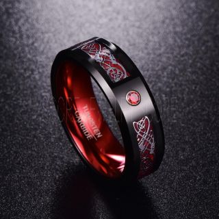Red Ring, Red Tungsten Ring, Red Wedding Band, Black Tungsten Ring with Red Carbon Fiber and AAAAA Red CZ Stone Inlay Ring