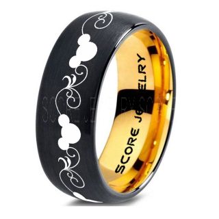 Mickey Mouse Ring Black Tungsten 14K Yellow Gold Interior Disney Ring