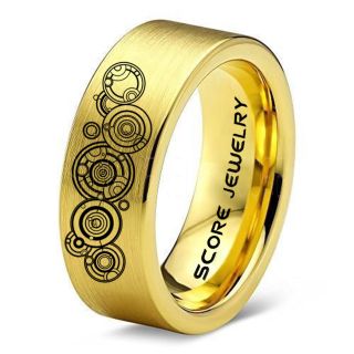 Doctor Who Ring, Gallifreyan Ring Doctor Who Jewelry, Doctor Who Wedding Band, Doctor Who Wedding Ring, 8mm 14K Yellow Gold Tungsten Ring