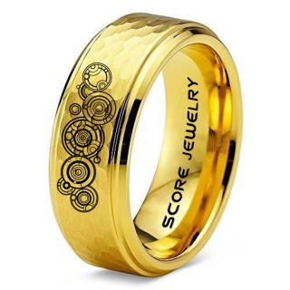Doctor Who Ring, Gallifreyan Ring Doctor Who Jewelry, Doctor Who Wedding Band, Doctor Who Wedding Ring, 8mm 14K Yellow Gold Hammered Tungsten Ring