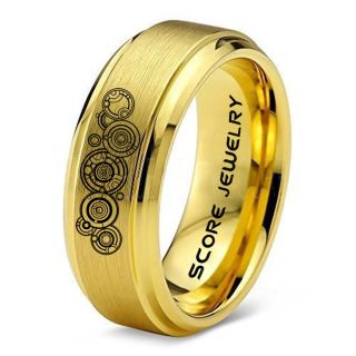 Doctor Who Ring, Gallifreyan Ring Doctor Who Jewelry, Doctor Who Wedding Band, Doctor Who Wedding Ring, 8mm 14K Yellow Gold Tungsten Ring