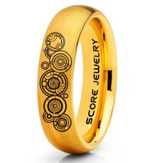 Doctor Who Ring, Gallifreyan Ring Doctor Who Jewelry, Doctor Who Wedding Band, Doctor Who Wedding Ring, 6mm 14K Yellow Gold Tungsten Ring