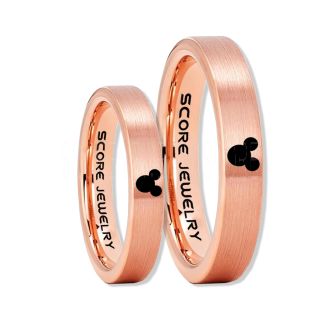 2 Piece Couple Set Tungsten Bands Mickey Mouse Rings, 14K Rose Gold Tungsten Wedding Rings, Rose Gold Wedding Bands, Mickey Mouse Rings