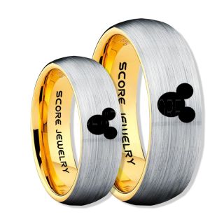 2 Piece Couple Set Tungsten Bands Mickey Mouse Rings, Silver Tungsten Wedding Rings, Silver Wedding Bands, Mickey Mouse Rings
