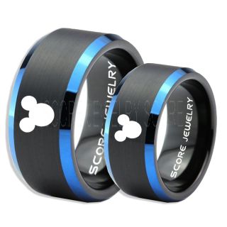2 Piece Couple Set Tungsten Bands Mickey Mouse Rings, Black Tungsten Wedding Rings, Black Wedding Bands, Mickey Mouse Rings