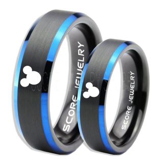 2 Piece Couple Set Tungsten Bands Mickey Mouse Rings, Black Tungsten Wedding Rings, Black Wedding Bands, Mickey Mouse Rings