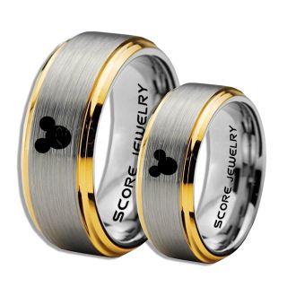 2 Piece Couple Set Tungsten Bands Mickey Mouse Rings, Silver Tungsten Wedding Rings, Silver Wedding Bands, Mickey Mouse Rings