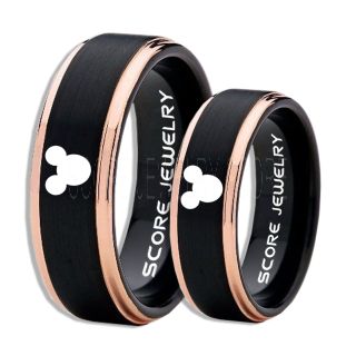 2 Piece Couple Set Tungsten Bands Mickey Mouse Rings, Black Tungsten Wedding Rings, Black Wedding Bands, Mickey Mouse Rings