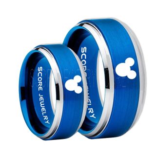 2 Piece Couple Set Tungsten Bands Mickey Mouse Rings, Blue Tungsten Wedding Rings, Blue Wedding Bands, Mickey Mouse Rings