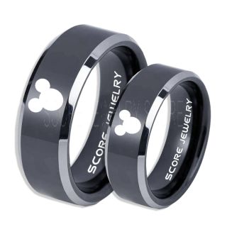 2 Piece Couple Set Tungsten Bands Mickey Mouse Rings, Black Tungsten Wedding Rings, Black Wedding Bands, Mickey Mouse Rings