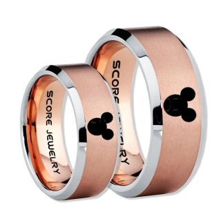 2 Piece Couple Set Tungsten Bands Mickey Mouse Rings, 14K Rose Gold Tungsten Wedding Rings, Rose Gold Wedding Bands, Mickey Mouse Rings