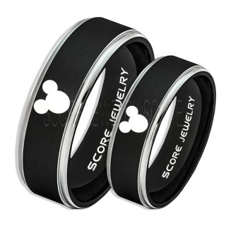 2 Piece Couple Set Tungsten Bands Mickey Mouse Rings, Black Tungsten Wedding Rings, Black Wedding Bands, Mickey Mouse Rings