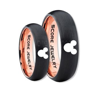 2 Piece Couple Set Tungsten Bands Mickey Mouse Rings, Black Tungsten Wedding Rings, Black Wedding Bands, Mickey Mouse Rings