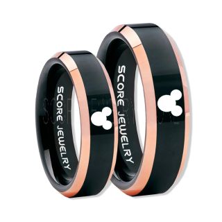 2 Piece Couple Set Tungsten Bands Mickey Mouse Rings, Black Tungsten Wedding Rings, Black Wedding Bands, Mickey Mouse Rings