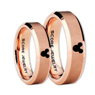 2 Piece Couple Set Tungsten Bands Mickey Mouse Rings, 14K Rose Gold Tungsten Wedding Rings, Rose Gold Wedding Bands, Mickey Mouse Rings