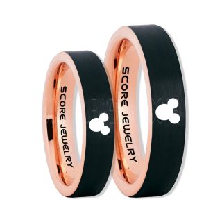 2 Piece Couple Set Tungsten Bands Mickey Mouse Rings, Black Tungsten Wedding Rings, Black Wedding Bands, Mickey Mouse Rings