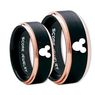 2 Piece Couple Set Tungsten Bands Mickey Mouse Rings, Black Tungsten Wedding Rings, Black Wedding Bands, Mickey Mouse Rings