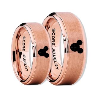 2 Piece Couple Set Tungsten Bands Mickey Mouse Rings, 14K Rose Gold Tungsten Wedding Rings, Rose Gold Wedding Bands, Mickey Mouse Rings