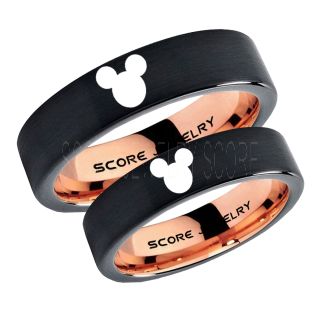 2 Piece Couple Set Tungsten Bands Mickey Mouse Rings, Black Tungsten Wedding Rings, Black Wedding Bands, Mickey Mouse Rings