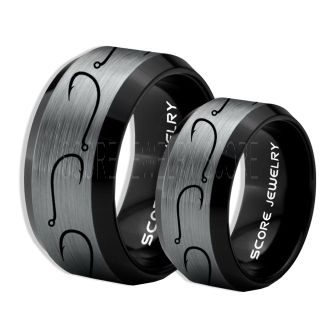 2 Piece Couple Set Fishing Rings, Fish Hook Rings, Black Tungsten Rings, Black Wedding Bands, Hunting Rings, Fish Hooks Wedding Bands, Hunting Wedding Bands
