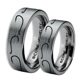 2 Piece Couple Set Fishing Rings, Fish Hook Rings, Silver Tungsten Rings, Silver Wedding Bands, Hunting Rings, Fish Hooks Wedding Bands, Hunting Wedding Bands