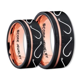 2 Piece Couple Set Fishing Rings, Fish Hook Rings, Black Tungsten Rings, Black Wedding Bands, Hunting Rings, Fish Hooks Wedding Bands, Hunting Wedding Bands