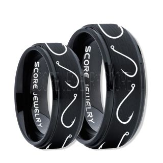 2 Piece Couple Set Fishing Rings, Fish Hook Rings, Black Tungsten Rings, Black Wedding Bands, Hunting Rings, Fish Hooks Wedding Bands, Hunting Wedding Bands