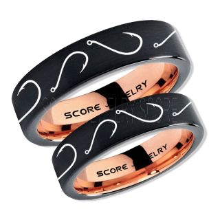 2 Piece Couple Set Fishing Rings, Fish Hook Rings, Black Tungsten Rings, Black Wedding Bands, Hunting Rings, Fish Hooks Wedding Bands, Hunting Wedding Bands
