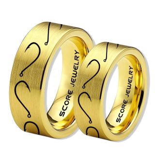 2 Piece Couple Set Fishing Rings, Fish Hook Rings, 14K Yellow Gold Tungsten Rings, Yellow Gold Wedding Bands, Hunting Rings, Fish Hooks Wedding Bands, Hunting Wedding Bands
