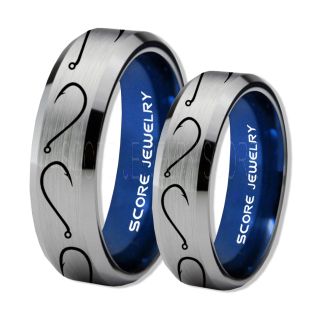 2 Piece Couple Set Fishing Rings, Fish Hook Rings, Silver Tungsten Rings, Silver Wedding Bands, Hunting Rings, Fish Hooks Wedding Bands, Hunting Wedding Bands