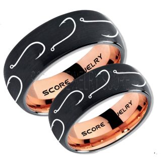2 Piece Couple Set Fishing Rings, Fish Hook Rings, Black Tungsten Rings, Black Wedding Bands, Hunting Rings, Fish Hooks Wedding Bands, Hunting Wedding Bands