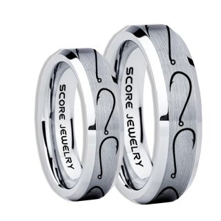 2 Piece Couple Set Fishing Rings, Fish Hook Rings, Silver Tungsten Rings, Silver Wedding Bands, Hunting Rings, Fish Hooks Wedding Bands, Hunting Wedding Bands