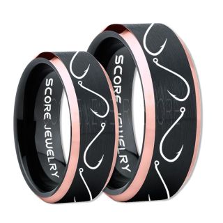 2 Piece Couple Set Fishing Rings, Fish Hook Rings, Black Tungsten Rings, Black Wedding Bands, Hunting Rings, Fish Hooks Wedding Bands, Hunting Wedding Bands