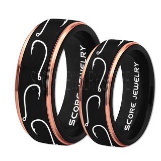 2 Piece Couple Set Fishing Rings, Fish Hook Rings, Black Tungsten Rings, Black Wedding Bands, Hunting Rings, Fish Hooks Wedding Bands, Hunting Wedding Bands