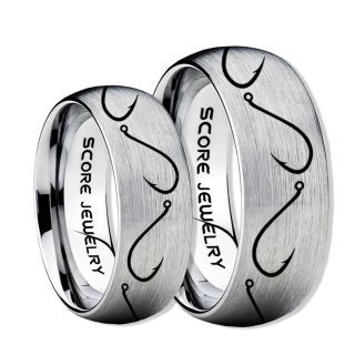 2 Piece Couple Set Fishing Rings, Fish Hook Rings, Silver Tungsten Rings, Silver Wedding Bands, Hunting Rings, Fish Hooks Wedding Bands, Hunting Wedding Bands