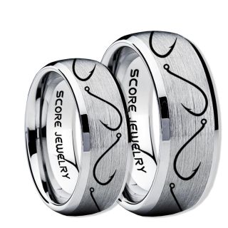 2 Piece Couple Set Fishing Rings, Fish Hook Rings, Silver Tungsten Rings, Silver Wedding Bands, Hunting Rings, Fish Hooks Wedding Bands, Hunting Wedding Bands