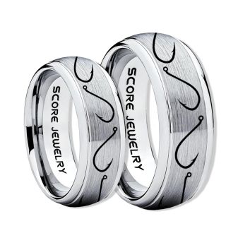 2 Piece Couple Set Fishing Rings, Fish Hook Rings, Silver Tungsten Rings, Silver Wedding Bands, Hunting Rings, Fish Hooks Wedding Bands, Hunting Wedding Bands