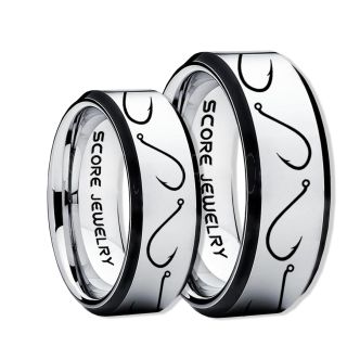 2 Piece Couple Set Fishing Rings, Fish Hook Rings, Silver Tungsten Rings, Silver Wedding Bands, Hunting Rings, Fish Hooks Wedding Bands, Hunting Wedding Bands