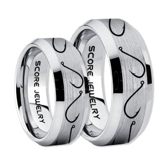 2 Piece Couple Set Fishing Rings, Fish Hook Rings, Silver Tungsten Rings, Silver Wedding Bands, Hunting Rings, Fish Hooks Wedding Bands, Hunting Wedding Bands