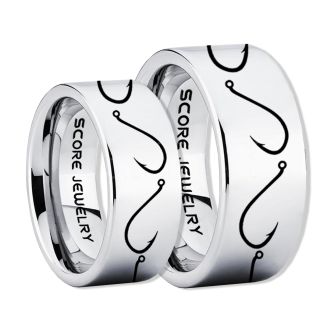 2 Piece Couple Set Fishing Rings, Fish Hook Rings, Silver Tungsten Rings, Silver Wedding Bands, Hunting Rings, Fish Hooks Wedding Bands, Hunting Wedding Bands