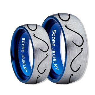 2 Piece Couple Set Fishing Rings, Fish Hook Rings, Silver Tungsten Rings, Silver Wedding Bands, Hunting Rings, Fish Hooks Wedding Bands, Hunting Wedding Bands